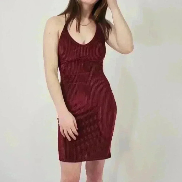 Maroon Red Halter Ribbed Body Con Mini Dress - S - Picture 1 of 8